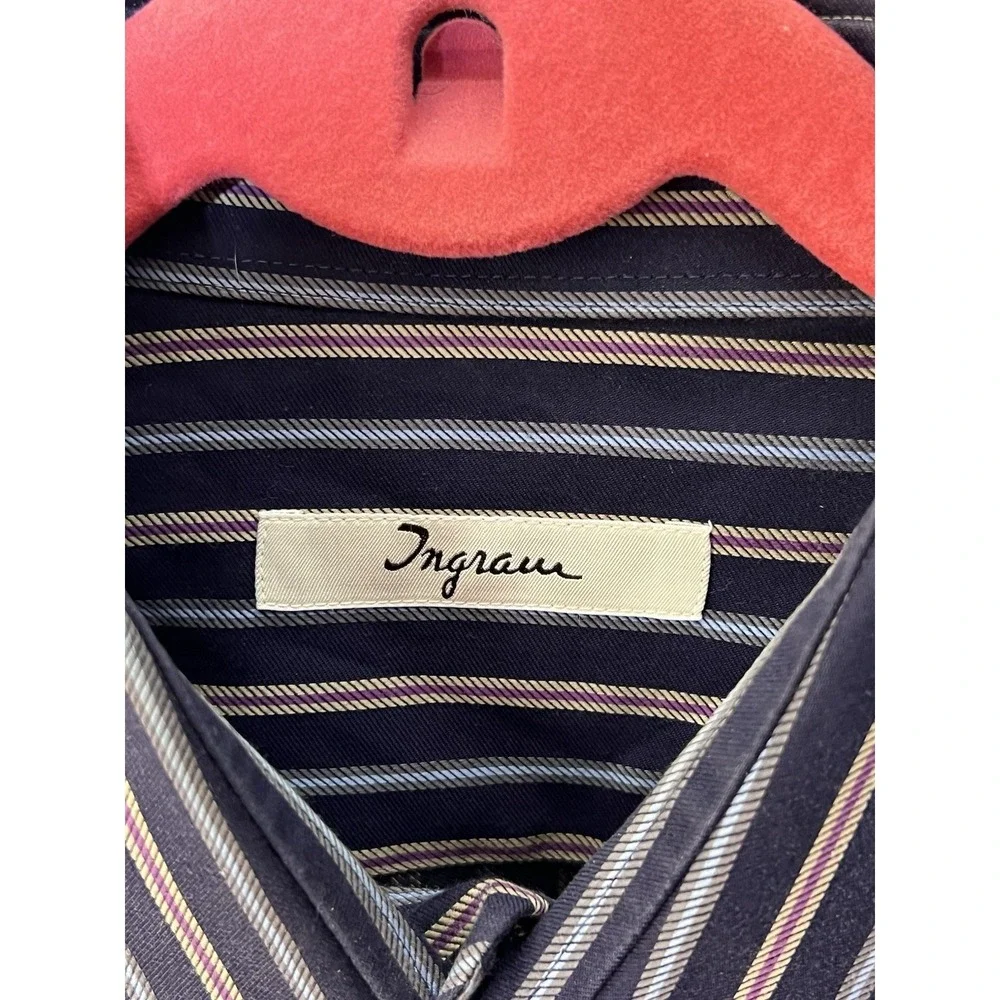 Ingram Button Up Dress Shirt Mens Sz 17.5 Blue Purple Striped Cotton Long Sleeve